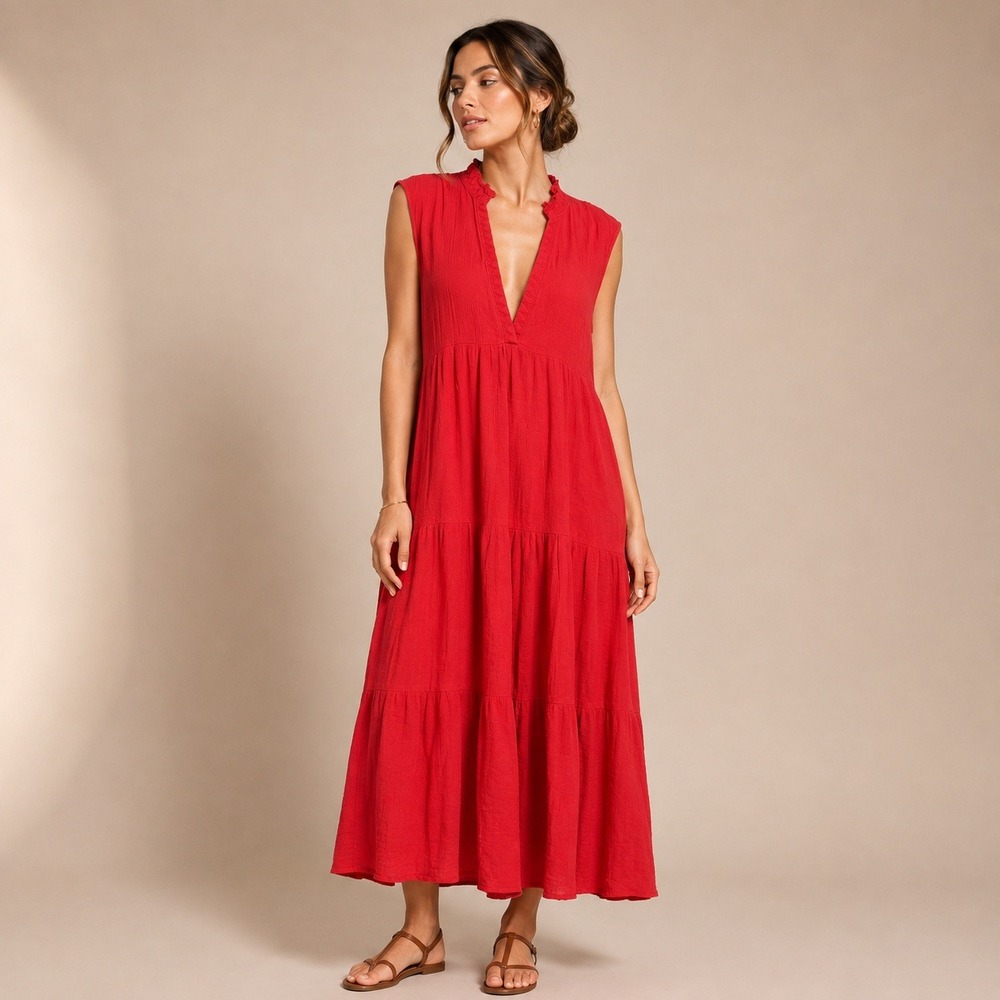 Sundance Maxi Dress Womens PS Red Tiered Cotton Gauze Boho Ruffle Oversized